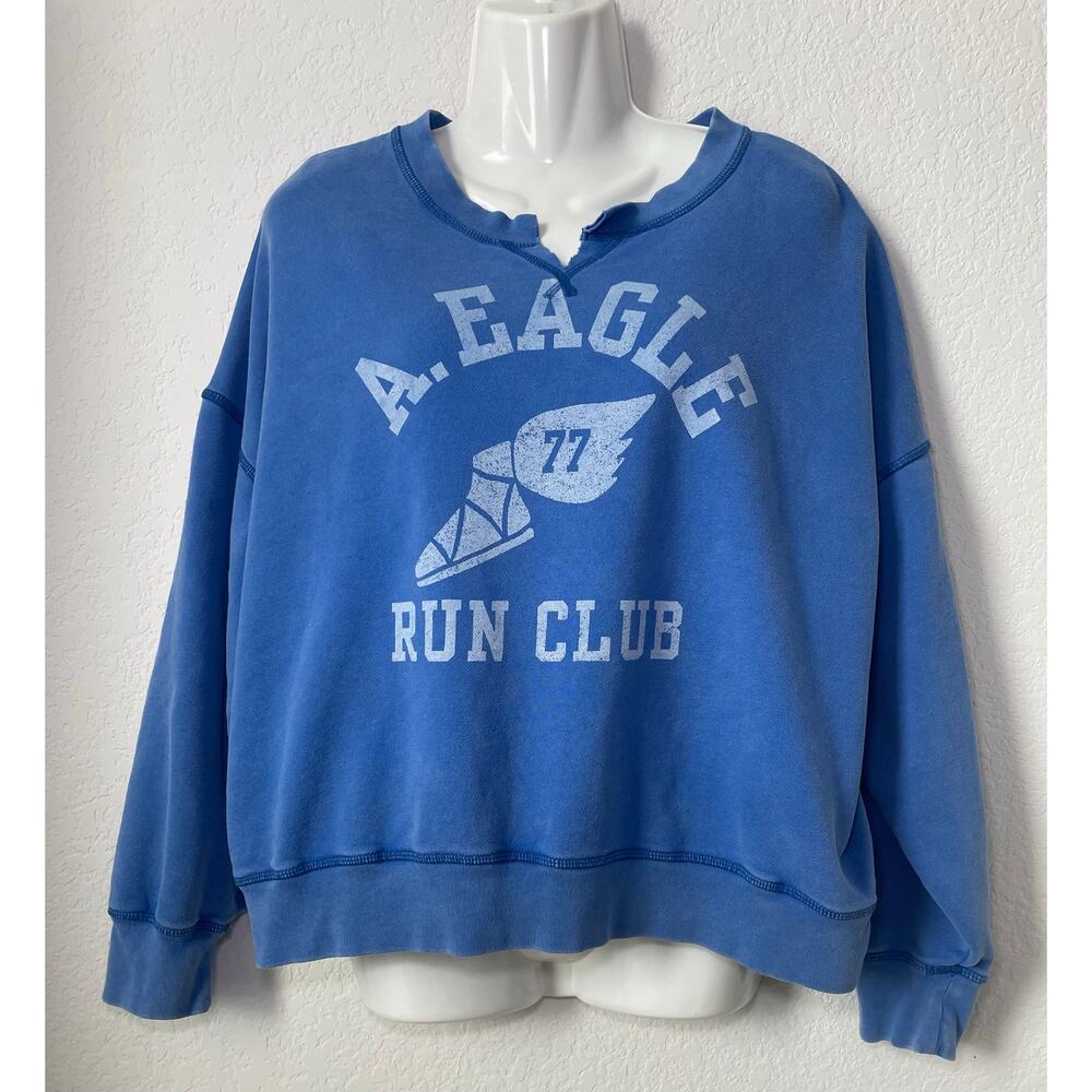 American Eagle Cobalt Blue Sweatshirt AE 77 " Run Club " Looks Vintage - Small